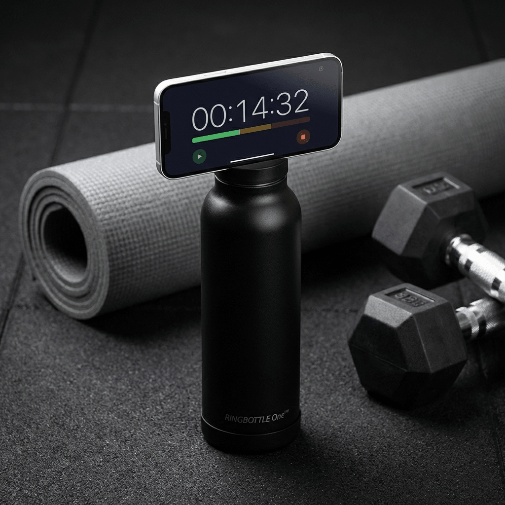 RingBottle con iPhone timer workout tappetino yoga e pesi ambiente palestra