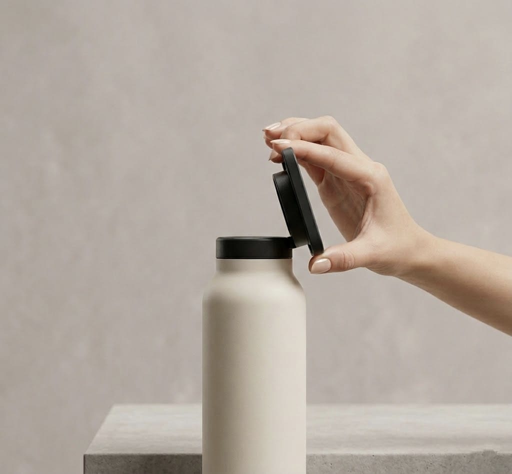 Mano femminile che aggancia iPhone a RingBottle tramite anello magnetico MagSafe